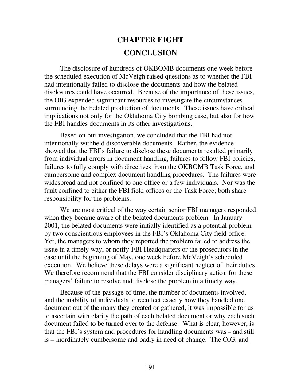 OIG conclusion and supervisory criticism, printed191